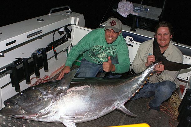 Troy Jansen and Dan Kent, who along with skipper Dean Candy took turns on 24kg stand-up gear to land this 153.5kg SBT over the 4.5 hour fight.